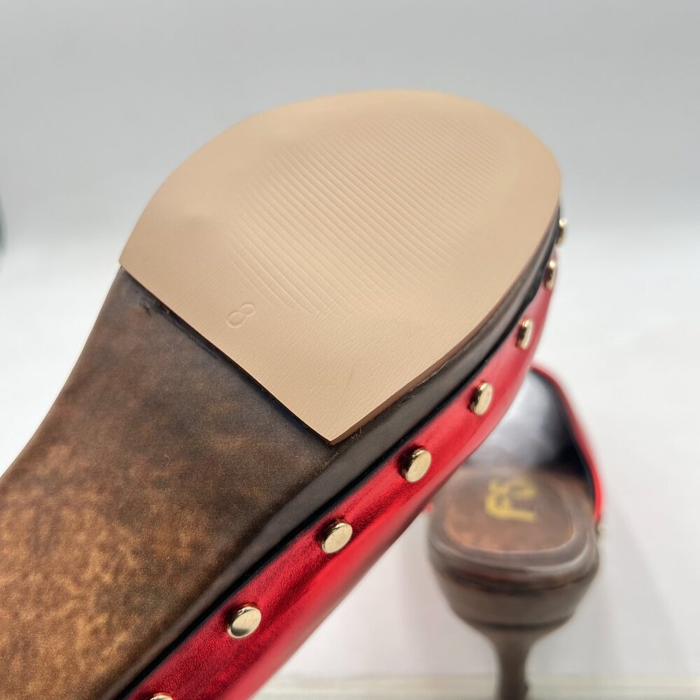 FSJ Red Round Closed Toe Mules Wooden Kitten Heel Trendy Studded Slide Sandals - Picture 6 of 8